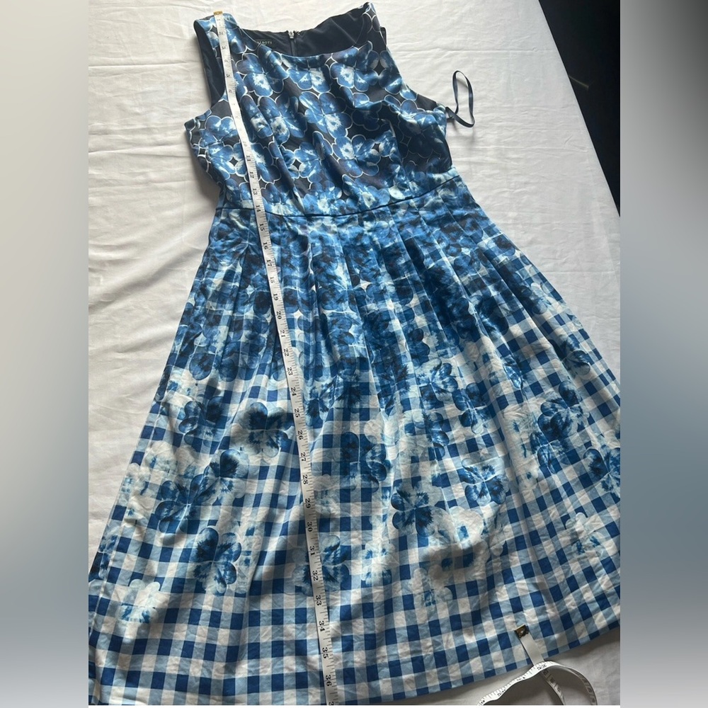 Talbots Petite 4P Blue Floral Gingham Fit Flare Midi Dress - Picture 9 of 12